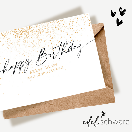 Edelschwarz Doppelkarte - Happy Birthday Goldregen