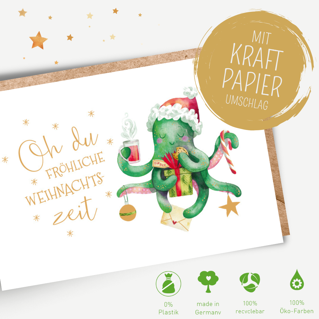 Green Karma XMAS Doppelkarte -  Oktopus in Weihnachtsstimmung