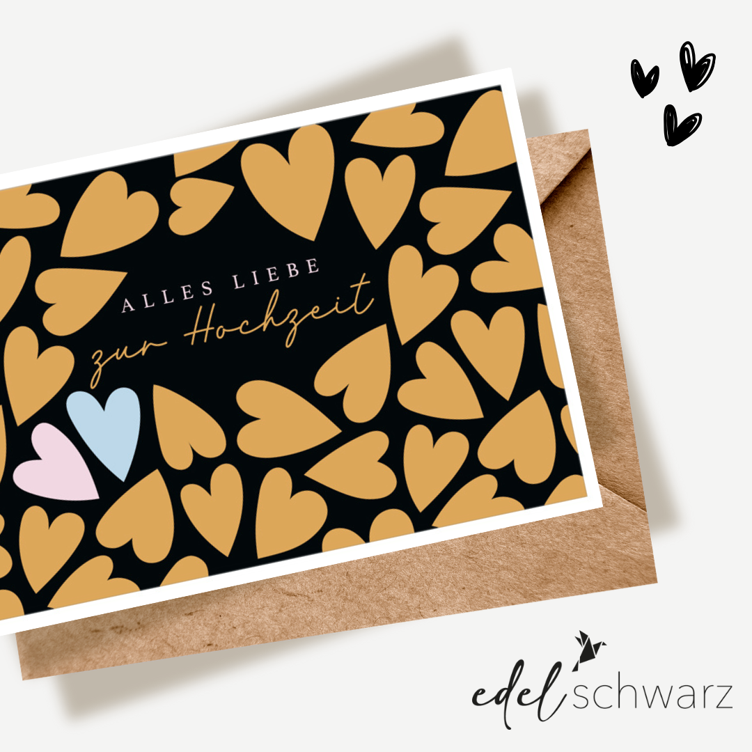 Edelschwarz Doppelkarte - Goldherzen Hochzeit