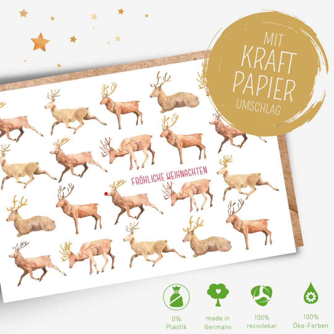 Green Karma XMAS Doppelkarte -  Viele Hirsche und ein Rudolf