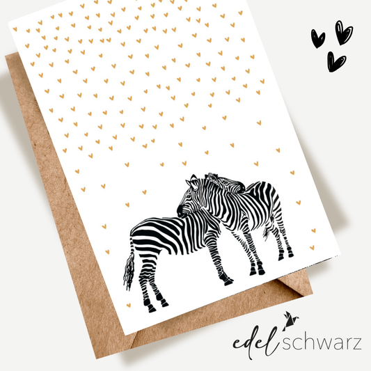 Edelschwarz Doppelkarte - Zwei Zebra im Herzregen