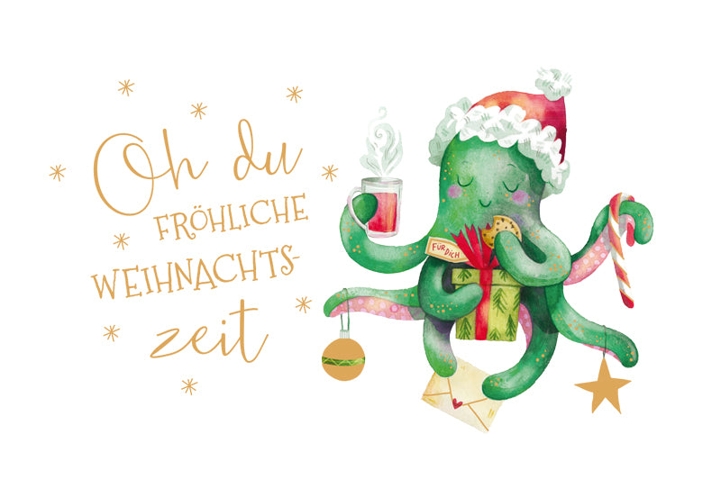 Green Karma XMAS Doppelkarte -  Oktopus in Weihnachtsstimmung