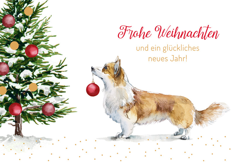 Green Karma XMAS Doppelkarte -  Süßer Corgi schmückt den Baum