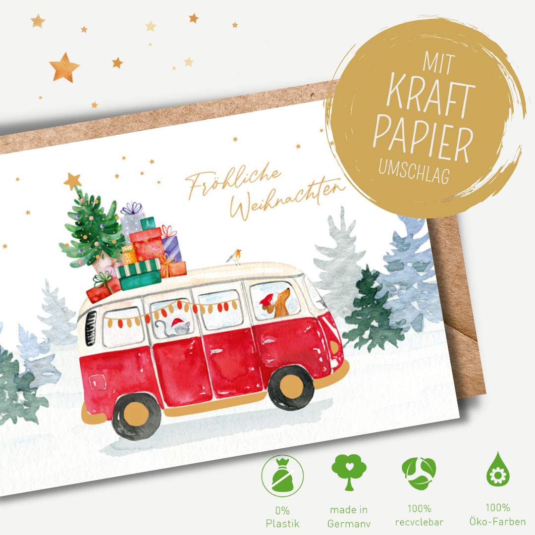 Green Karma XMAS Doppelkarte -  Bulli mit Geschenken