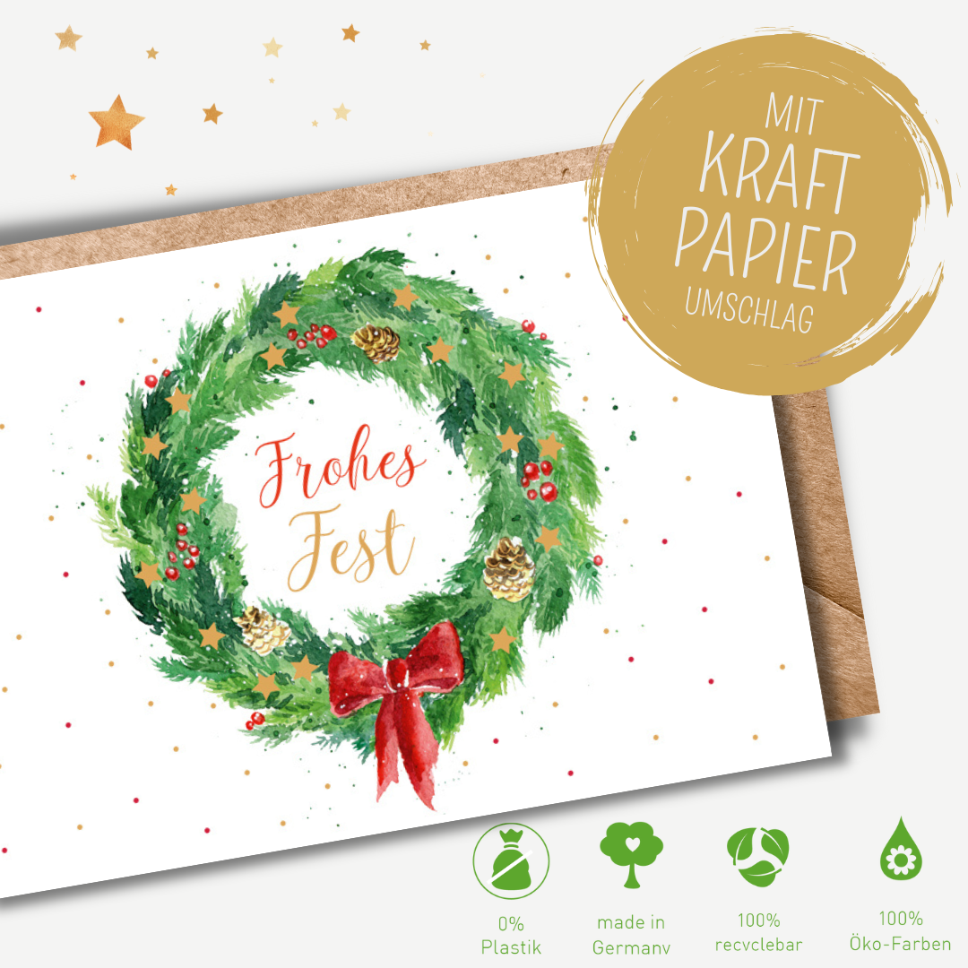 Green Karma XMAS Doppelkarte -  Kranz mit Sternen und Schleife