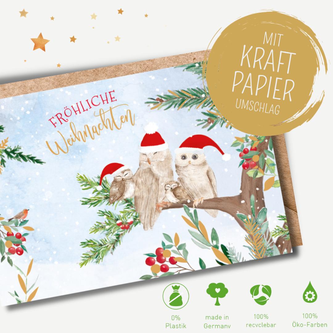 Green Karma XMAS Doppelkarte - Eulenfamilie